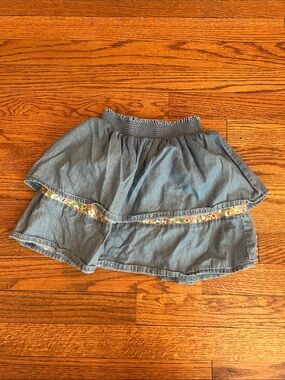 Mini Boden Denim Tiered Skirt with Floral Trim - Blue